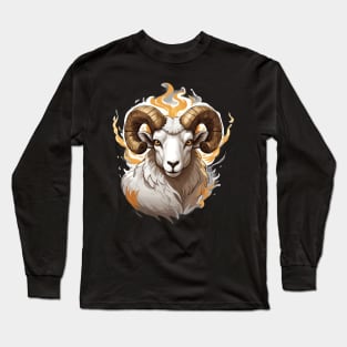 Farm Ram Sheep with Large Horns and Fire Long Sleeve T-Shirt